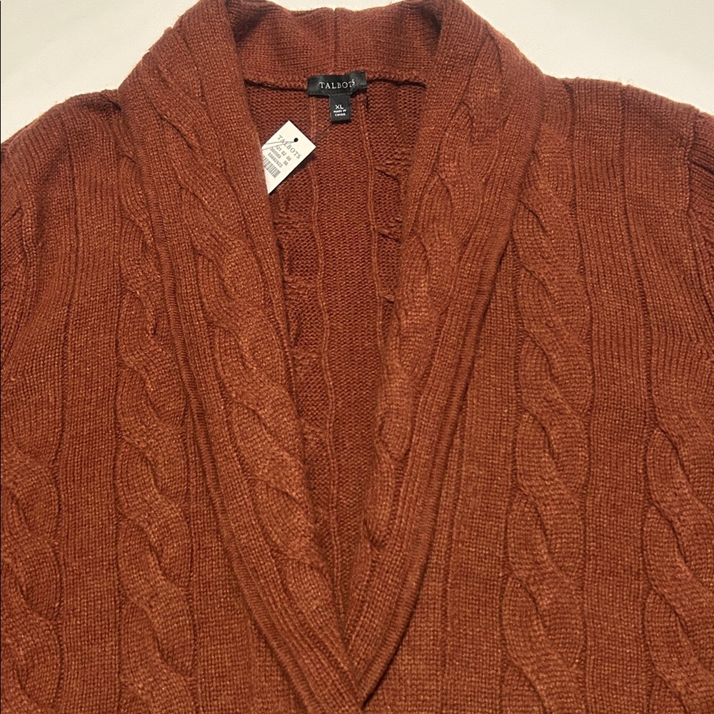 Talbots Brown Cable Knit Cardigan Cotton/Wool Blend XL NWT
